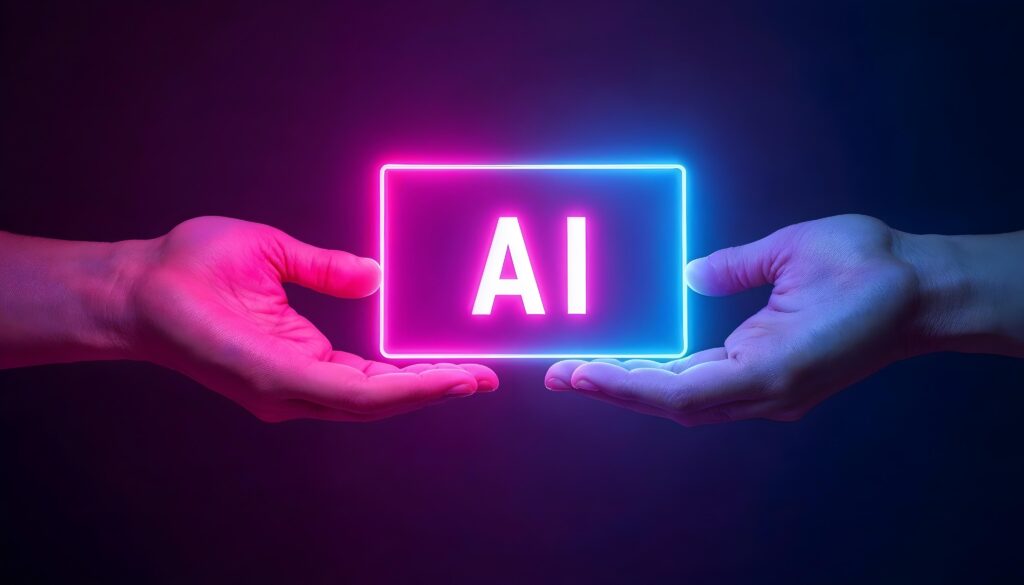 hands holding ai neon sign