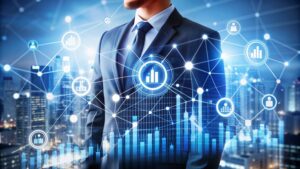 businessman with network growth charts
