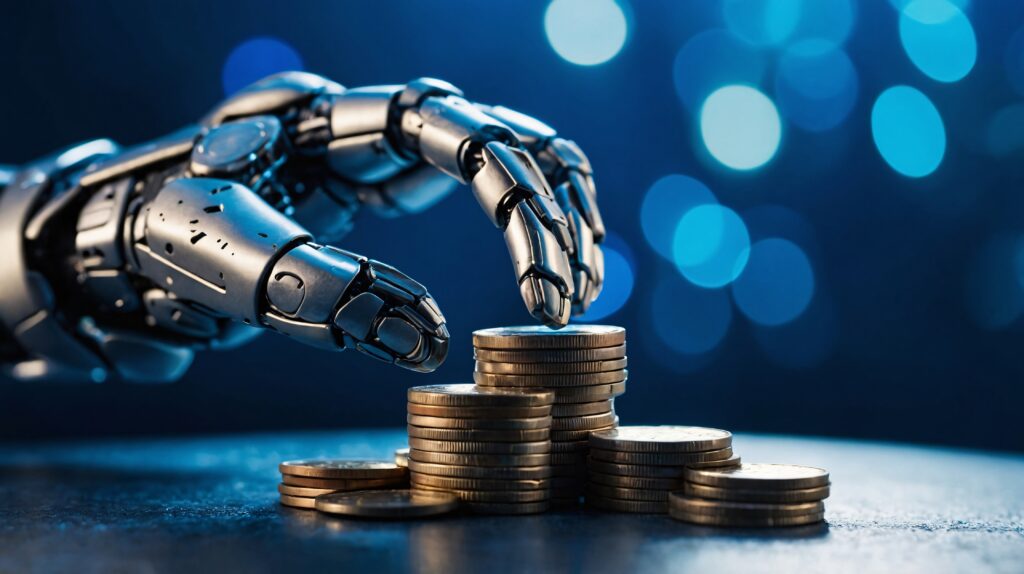 futuristic robot interacting with money 1
