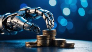 futuristic robot interacting with money 1