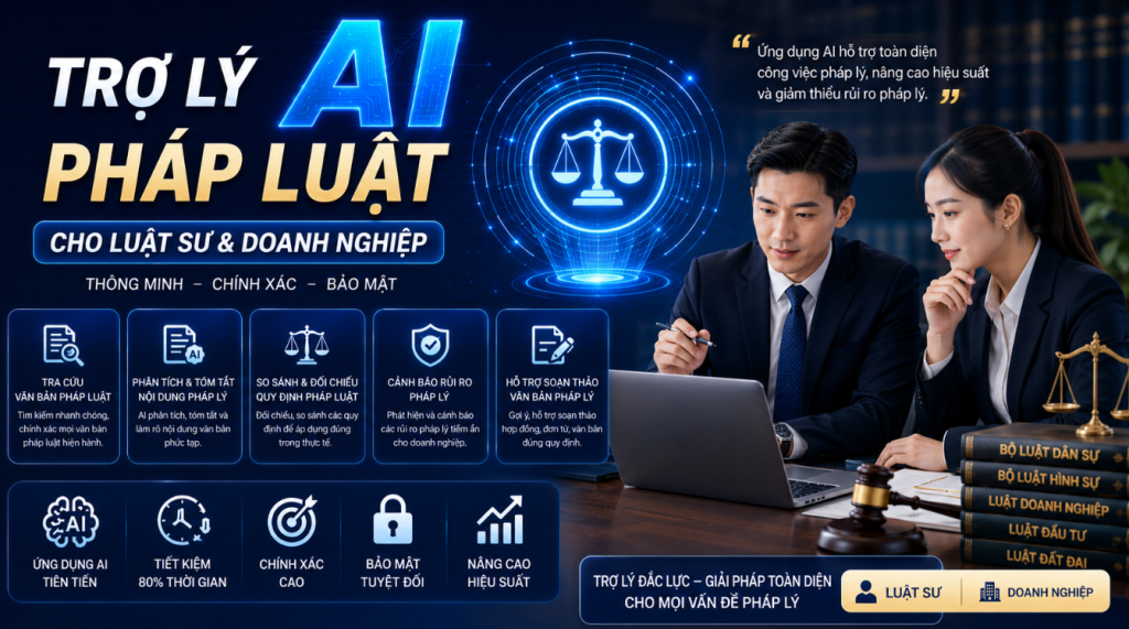 Trong bối cảnh chuyển đổi số ngày càng mạnh mẽ, AI pháp luật cho luật sư & doanh nghiệp 2026 đang trở thành xu hướng quan trọng giúp tối ưu công việc pháp lý, nâng cao hiệu quả xử lý hồ sơ và tăng tốc quản lý dữ liệu. Với khả năng xử lý thông tin nhanh chóng, phân tích tài liệu thông minh và hỗ trợ tra cứu chính xác, AI đang giúp các doanh nghiệp và đội ngũ pháp lý làm việc hiệu quả hơn trong thời đại số.