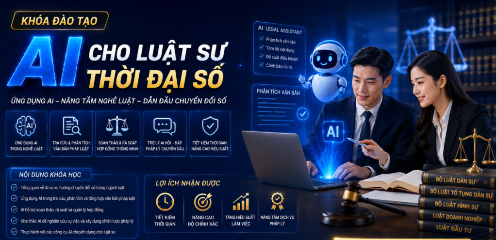 rong bối cảnh chuyển đổi số diễn ra mạnh mẽ, đào tạo AI cho luật sư thời đại số đang trở thành xu hướng quan trọng giúp đội ngũ luật sư nâng cao hiệu quả làm việc, tối ưu xử lý hồ sơ và tăng tốc tra cứu thông tin pháp lý. Việc ứng dụng AI không chỉ giúp tiết kiệm thời gian mà còn hỗ trợ phân tích dữ liệu, tổng hợp tài liệu và quản lý công việc hiệu quả hơn.