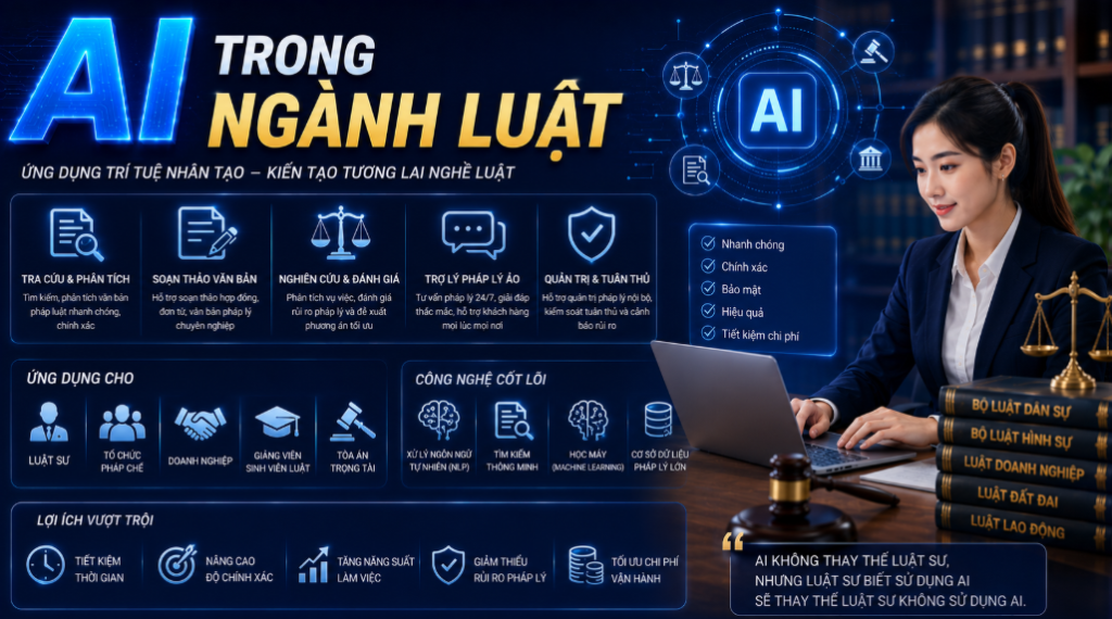 Trong thời đại chuyển đổi số, đào tạo AI trong ngành luật đang trở thành xu hướng quan trọng giúp các tổ chức pháp lý, văn phòng luật sư và doanh nghiệp nâng cao hiệu quả xử lý công việc. Với khả năng xử lý dữ liệu nhanh chóng, phân tích tài liệu thông minh và hỗ trợ tra cứu chính xác, AI đang góp phần thay đổi cách ngành pháp luật vận hành theo hướng hiện đại và hiệu quả hơn.