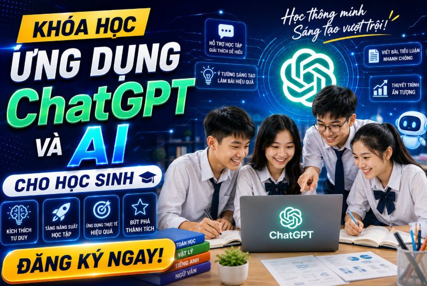 ỨNG DỤNG CHATGPT VÀ AI CHO HỌC SINH 1 Ứng dụng ChatGPT và AI cho học sinh được thiết kế nhằm giúp học sinh làm chủ các công cụ AI hiện đại như ChatGPT để phục vụ việc học tập hiệu quả hơn, chủ động hơn và thông minh hơn. Trong bối cảnh giáo dục đang chuyển đổi mạnh mẽ theo hướng số hóa, việc hiểu và sử dụng đúng cách AI trong học tập sẽ giúp học sinh không chỉ cải thiện điểm số mà còn phát triển tư duy logic, kỹ năng tự học và khả năng sáng tạo.