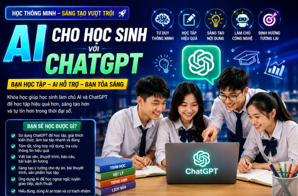 Khóa học Khóa học AI cho học sinh với ChatGPT được xây dựng nhằm giúp học sinh tiếp cận và sử dụng đúng cách AI trong học tập, đặc biệt là công cụ ChatGPT, để nâng cao hiệu quả học tập, cải thiện khả năng tự học và phát triển tư duy hiện đại. Trong thời đại chuyển đổi số, việc hiểu và ứng dụng AI trong giáo dục không còn là xu hướng mà đã trở thành một kỹ năng quan trọng giúp học sinh học nhanh hơn, hiểu sâu hơn và chủ động hơn trong quá trình tiếp thu kiến thức.