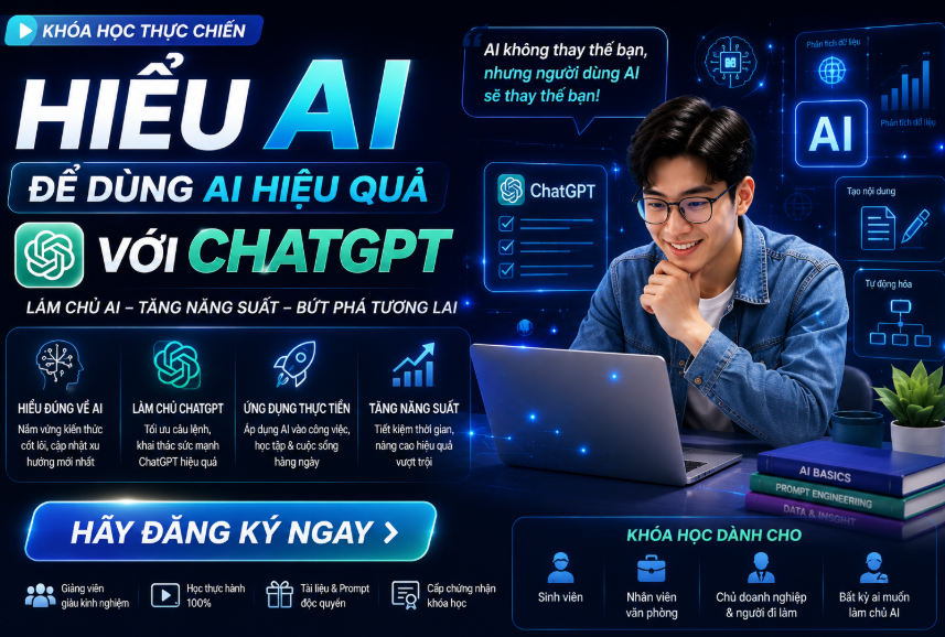 DÙNG AI HIỆU QUẢ VỚI CHATGPT 1 Khóa học Dùng AI hiệu quả với ChatGPT được xây dựng nhằm giúp cá nhân, học sinh, sinh viên và người đi làm khai thác tối đa sức mạnh của trí tuệ nhân tạo (AI) trong học tập, công việc và sáng tạo nội dung. Trong thời đại số, việc biết sử dụng ChatGPT không còn dừng lại ở mức “thử nghiệm”, mà cần trở thành một kỹ năng thực chiến giúp tăng năng suất, tối ưu thời gian và nâng cao chất lượng công việc.