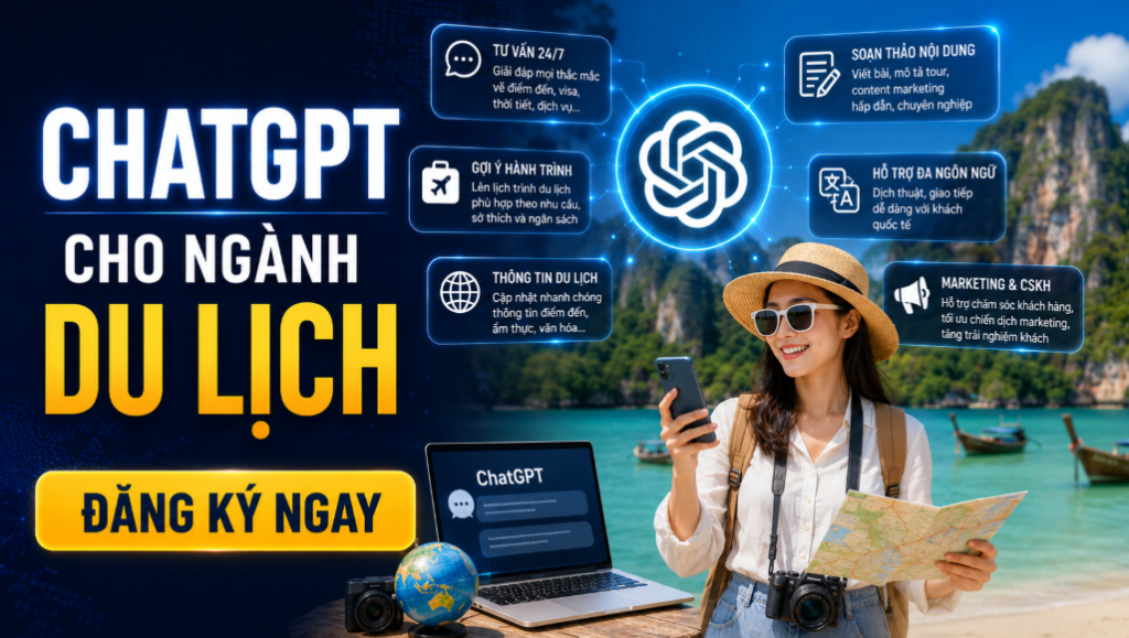 Khóa học ChatGPT cho ngành du lịch dành cho doanh nghiệp lữ hành, công ty du lịch và đơn vị dịch vụ. Chương trình tập trung vào ứng dụng AI trong quản lý, vận hành và kinh doanh du lịch. Trọng tâm đào tạo là ChatGPT. Học viên được thực hành trên các tình huống thực tế của ngành du lịch.