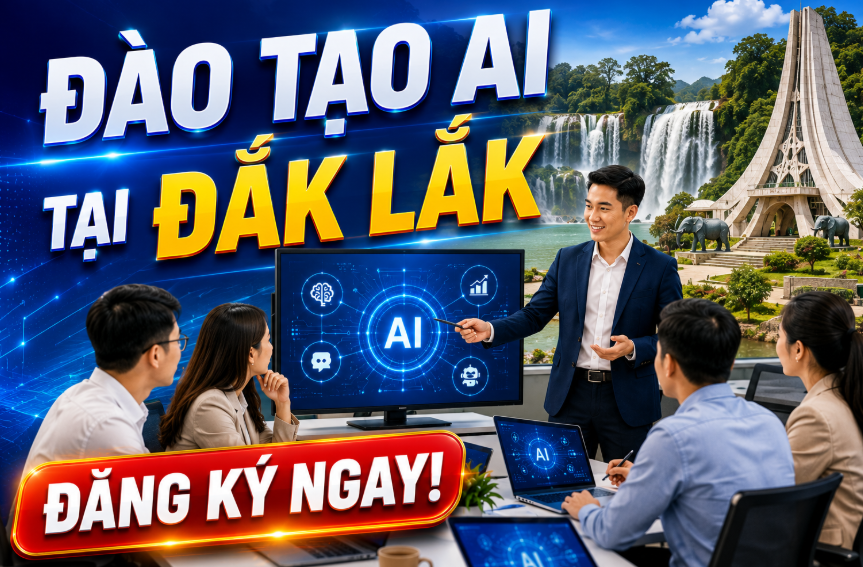 Khóa học AI tại Đắk Lắk dành cho doanh nghiệp, cơ quan, tổ chức và cá nhân muốn ứng dụng trí tuệ nhân tạo vào công việc thực tế. Chương trình tập trung vào ChatGPT cho doanh nghiệp và các công cụ AI phổ biến nhằm nâng cao năng suất làm việc, tối ưu quy trình và hỗ trợ chuyển đổi số.