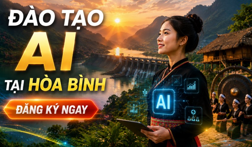 ĐÀO TẠO AI TẠI HÒA BÌNH 1 Đào tạo AI tại Hòa Bình dành cho doanh nghiệp, cơ quan, tổ chức và cá nhân muốn ứng dụng trí tuệ nhân tạo vào công việc thực tế. Chương trình tập trung vào ChatGPT, các công cụ AI hiện đại và những giải pháp tự động hóa giúp nâng cao hiệu quả làm việc, tối ưu quy trình vận hành và thúc đẩy chuyển đổi số.