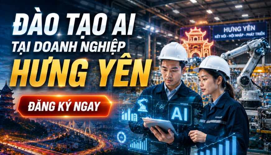 ĐÀO TẠO AI TẠI DOANH NGHIỆP HƯNG YÊN 1 Đào tạo AI tại doanh nghiệp Hưng Yên dành cho doanh nghiệp, cơ quan, tổ chức và cá nhân muốn ứng dụng trí tuệ nhân tạo vào công việc thực tế. Chương trình tập trung vào ChatGPT, các công cụ AI hiện đại và những giải pháp tự động hóa giúp nâng cao năng suất làm việc, tối ưu quy trình vận hành và thúc đẩy chuyển đổi số.