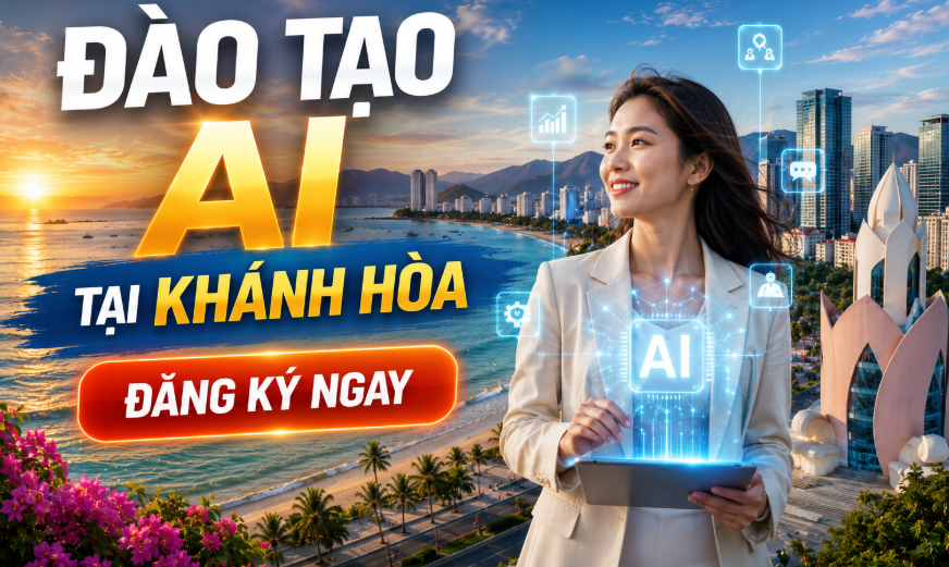 Đào tạo AI tại Khánh Hòa dành cho doanh nghiệp, cơ quan, tổ chức và cá nhân muốn ứng dụng trí tuệ nhân tạo vào công việc thực tế. Chương trình tập trung vào ChatGPT, các công cụ AI hiện đại và những giải pháp tự động hóa giúp nâng cao năng suất làm việc, tối ưu quy trình vận hành và thúc đẩy chuyển đổi số.