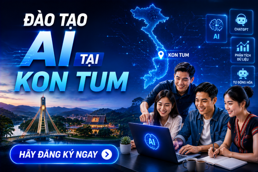 ĐÀO TẠO AI TẠI KON TUM 1 Đào tạo AI tại Kon Tum dành cho doanh nghiệp, cơ quan, tổ chức và cá nhân muốn ứng dụng trí tuệ nhân tạo vào công việc thực tế. Chương trình tập trung vào ChatGPT, các công cụ AI hiện đại và các giải pháp tự động hóa giúp nâng cao năng suất làm việc, tối ưu quy trình vận hành và thúc đẩy chuyển đổi số.