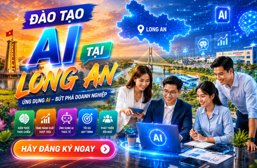 Đào tạo AI tại doanh nghiệp Long An dành cho doanh nghiệp, cơ quan, tổ chức và cá nhân muốn ứng dụng trí tuệ nhân tạo vào công việc thực tế. Chương trình tập trung vào ChatGPT, các công cụ AI hiện đại và các giải pháp tự động hóa giúp nâng cao năng suất làm việc, tối ưu quy trình vận hành và thúc đẩy chuyển đổi số.