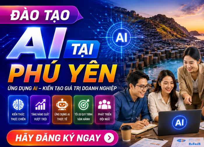 Đào tạo AI tại doanh nghiệp Phú Yên dành cho doanh nghiệp, cơ quan, tổ chức và cá nhân muốn ứng dụng trí tuệ nhân tạo vào công việc thực tế. Chương trình tập trung vào ChatGPT, các công cụ AI hiện đại và các giải pháp tự động hóa giúp nâng cao năng suất làm việc, tối ưu quy trình vận hành và thúc đẩy chuyển đổi số.