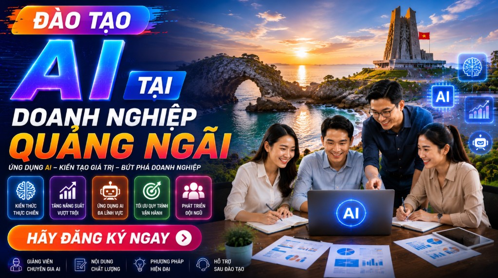 ĐÀO TẠO AI TẠI QUẢNG NGÃI 1 Đào tạo AI tại Quảng Ngãi dành cho doanh nghiệp, cơ quan, tổ chức và cá nhân muốn ứng dụng trí tuệ nhân tạo vào công việc thực tế. Chương trình tập trung vào ChatGPT, các công cụ AI hiện đại và các giải pháp tự động hóa giúp nâng cao năng suất làm việc, tối ưu quy trình vận hành và thúc đẩy chuyển đổi số.
