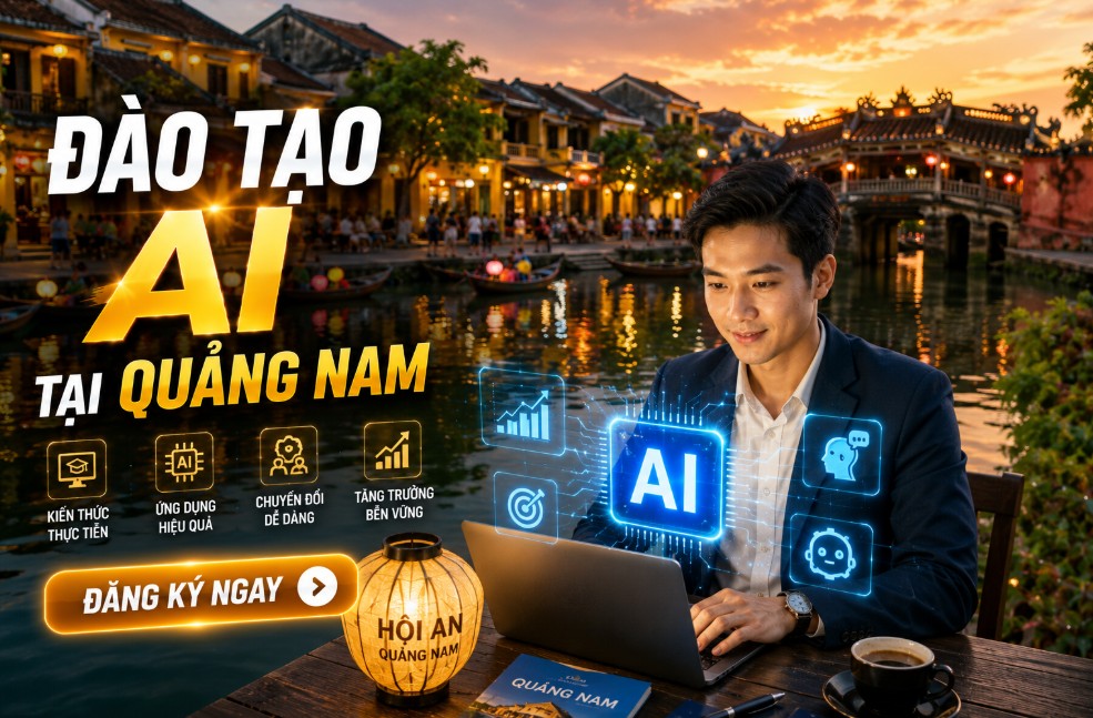 Đào tạo AI tại doanh nghiệp Quảng Nam dành cho doanh nghiệp, cơ quan, tổ chức và cá nhân muốn ứng dụng trí tuệ nhân tạo vào công việc thực tế. Chương trình tập trung vào ChatGPT, các công cụ AI hiện đại và các giải pháp tự động hóa giúp nâng cao năng suất làm việc, tối ưu quy trình vận hành và thúc đẩy chuyển đổi số.