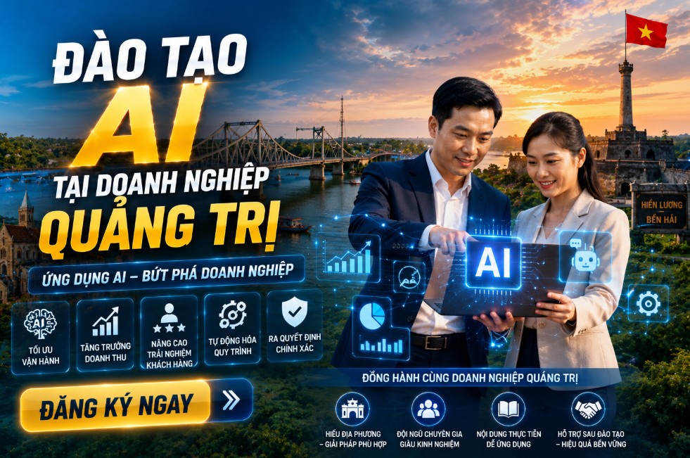 ĐÀO TẠO AI TẠI QUẢNG TRỊ 1 Đào tạo AI tại Quảng Trị dành cho doanh nghiệp, cơ quan, tổ chức và cá nhân muốn ứng dụng trí tuệ nhân tạo vào công việc thực tế. Chương trình tập trung vào ChatGPT, các công cụ AI hiện đại và các giải pháp tự động hóa giúp nâng cao năng suất làm việc, tối ưu quy trình vận hành và thúc đẩy chuyển đổi số.