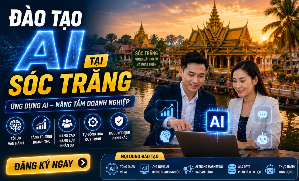 ĐÀO TẠO AI TẠI DOANH NGHIỆP SÓC TRĂNG 1 Đào tạo AI tại doanh nghiệp Sóc Trăng dành cho doanh nghiệp, cơ quan, tổ chức và cá nhân muốn ứng dụng trí tuệ nhân tạo vào công việc thực tế. Chương trình tập trung vào ChatGPT, các công cụ AI hiện đại và các giải pháp tự động hóa giúp nâng cao năng suất làm việc, tối ưu quy trình vận hành và thúc đẩy chuyển đổi số.