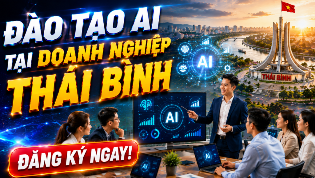 Đào tạo AI tại Thái Bình dành cho doanh nghiệp, cơ quan, tổ chức và cá nhân muốn ứng dụng trí tuệ nhân tạo vào công việc thực tế. Chương trình tập trung vào ChatGPT, các công cụ AI hiện đại và các giải pháp tự động hóa giúp nâng cao năng suất làm việc, tối ưu quy trình vận hành và thúc đẩy chuyển đổi số.