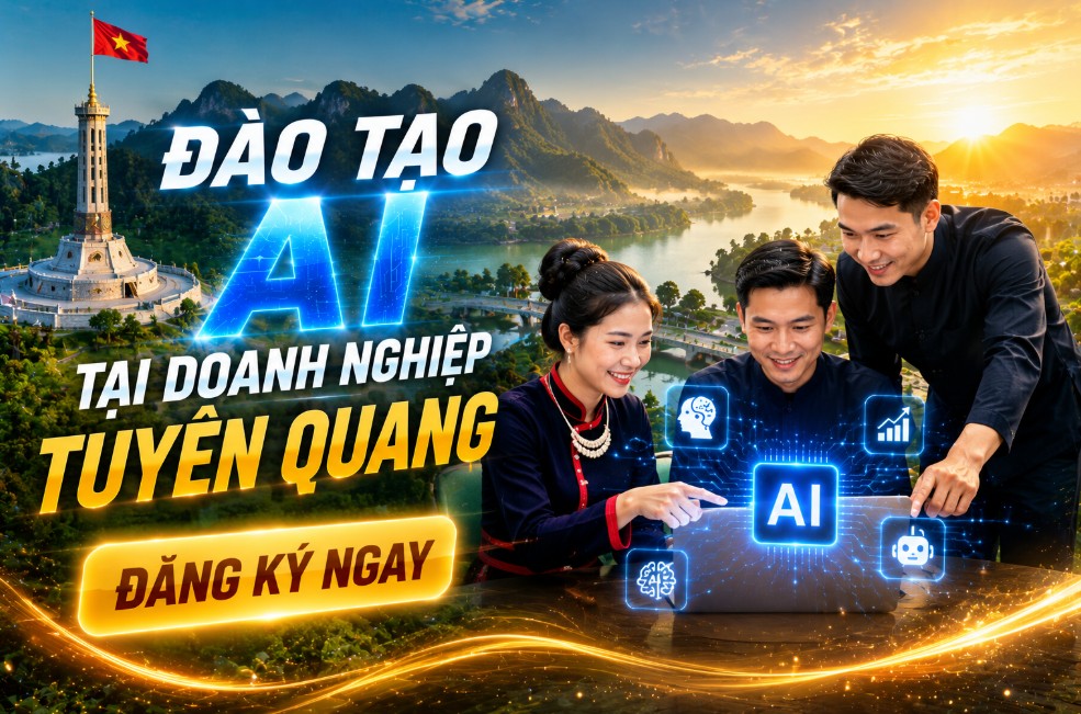 Đào tạo AI tại Tuyên Quang dành cho doanh nghiệp, cơ quan, tổ chức và cá nhân muốn ứng dụng trí tuệ nhân tạo vào công việc thực tế. Chương trình tập trung vào ChatGPT, các công cụ AI hiện đại và các giải pháp tự động hóa giúp nâng cao năng suất làm việc, tối ưu quy trình vận hành và thúc đẩy chuyển đổi số.