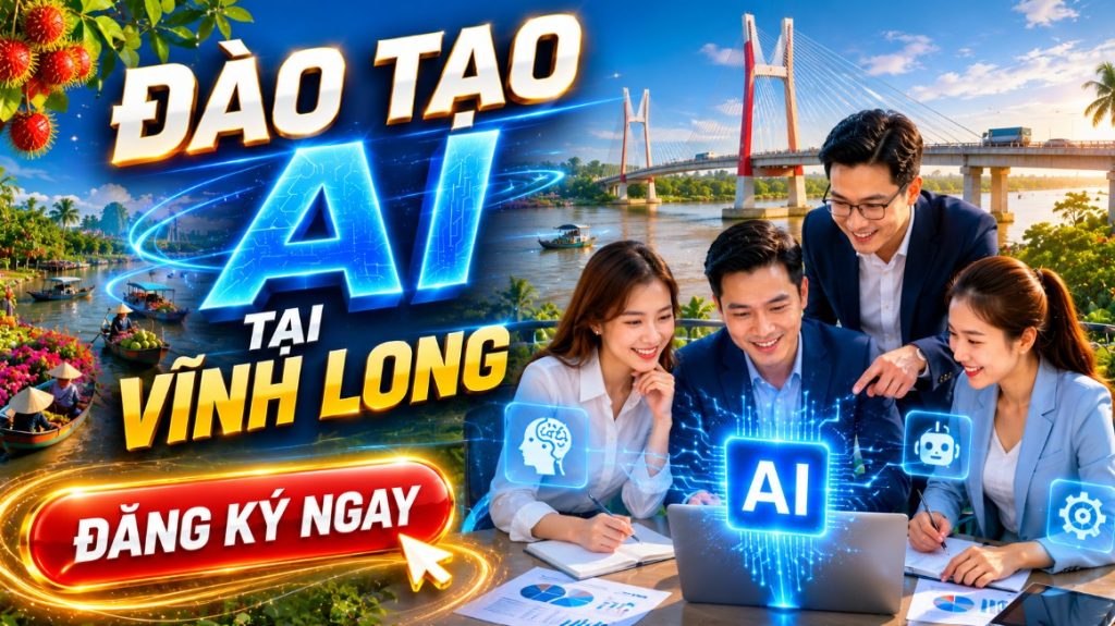 Đào tạo AI tại doanh nghiệp Vĩnh Long dành cho doanh nghiệp, cơ quan, tổ chức và cá nhân muốn ứng dụng trí tuệ nhân tạo vào công việc thực tế. Chương trình tập trung vào ChatGPT, các công cụ AI hiện đại và các giải pháp tự động hóa giúp nâng cao năng suất làm việc, tối ưu quy trình vận hành và thúc đẩy chuyển đổi số.