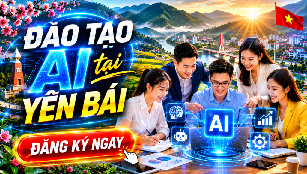 Đào tạo AI tại doanh nghiệp Yên Bái dành cho doanh nghiệp, cơ quan, tổ chức và cá nhân muốn ứng dụng trí tuệ nhân tạo vào công việc thực tế. Chương trình tập trung vào ChatGPT, các công cụ AI hiện đại và các giải pháp tự động hóa giúp nâng cao năng suất làm việc, tối ưu quy trình vận hành và thúc đẩy chuyển đổi số.